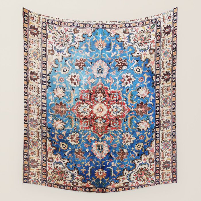 Tabriz Rug With Blue Field Print Wall Tapestry Gallery Image 1