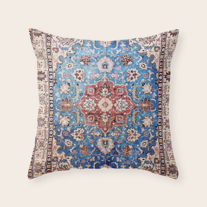 Tabriz Rug With Blue Field Print Throw Pillow Gallery Image 1