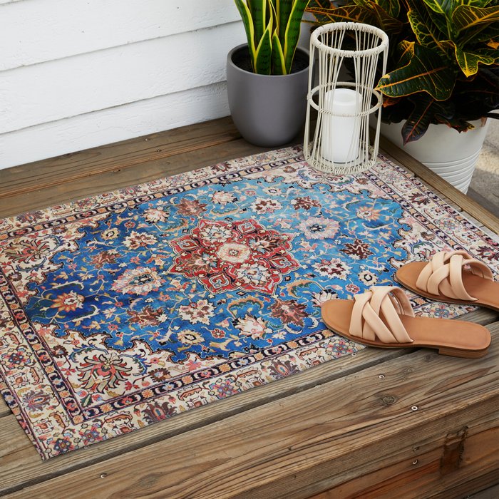 Tabriz Rug With Blue Field Print Outdoor Rug Gallery Image 2