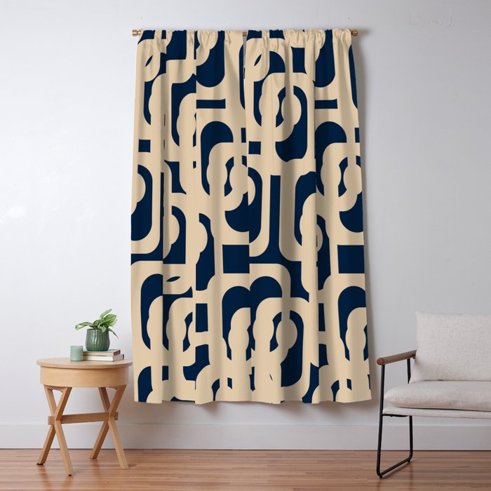 Mid Century Modern Loop Pattern in Beige and Navy Blue Window Curtain Gallery Image 5