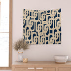 Mid Century Modern Loop Pattern in Beige and Navy Blue Wall Tapestry Gallery Image 2