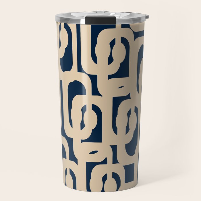 Mid Century Modern Loop Pattern in Beige and Navy Blue Travel Mug Gallery Image 1