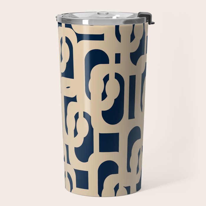 Mid Century Modern Loop Pattern in Beige and Navy Blue Travel Mug Gallery Image 2