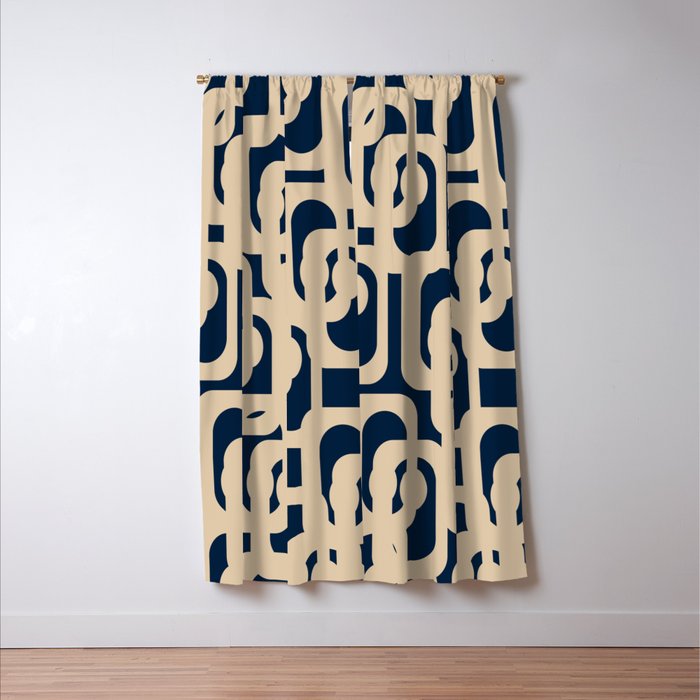 Mid Century Modern Loop Pattern in Beige and Navy Blue Window Curtain Gallery Image 3