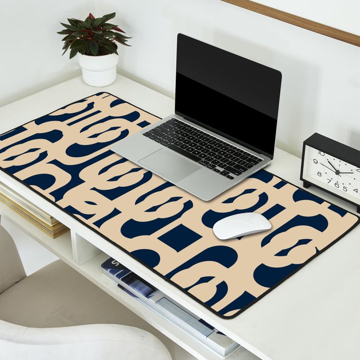 Mid Century Modern Loop Pattern in Beige and Navy Blue Desk Mat Gallery Image 2