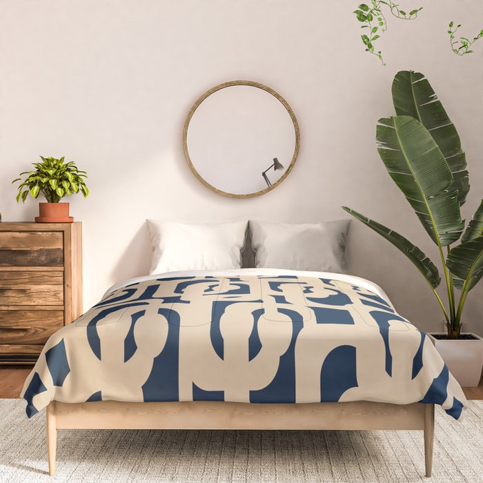 Mid Century Modern Loop Pattern in Beige and Navy Blue Comforter Gallery Image 3
