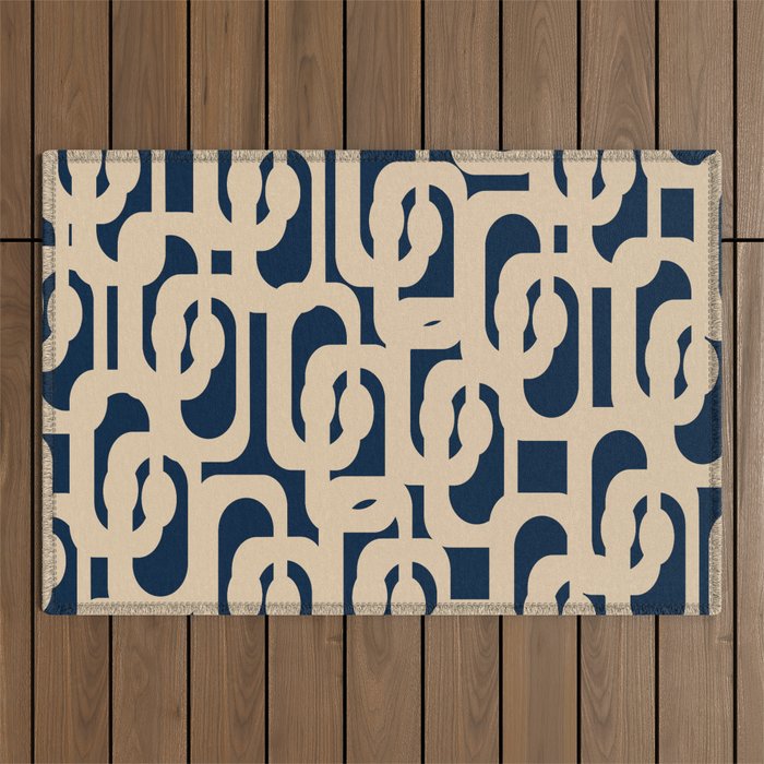 Mid Century Modern Loop Pattern in Beige and Navy Blue Outdoor Rug Gallery Image 1