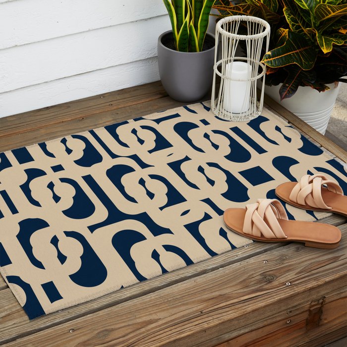 Mid Century Modern Loop Pattern in Beige and Navy Blue Outdoor Rug Gallery Image 2