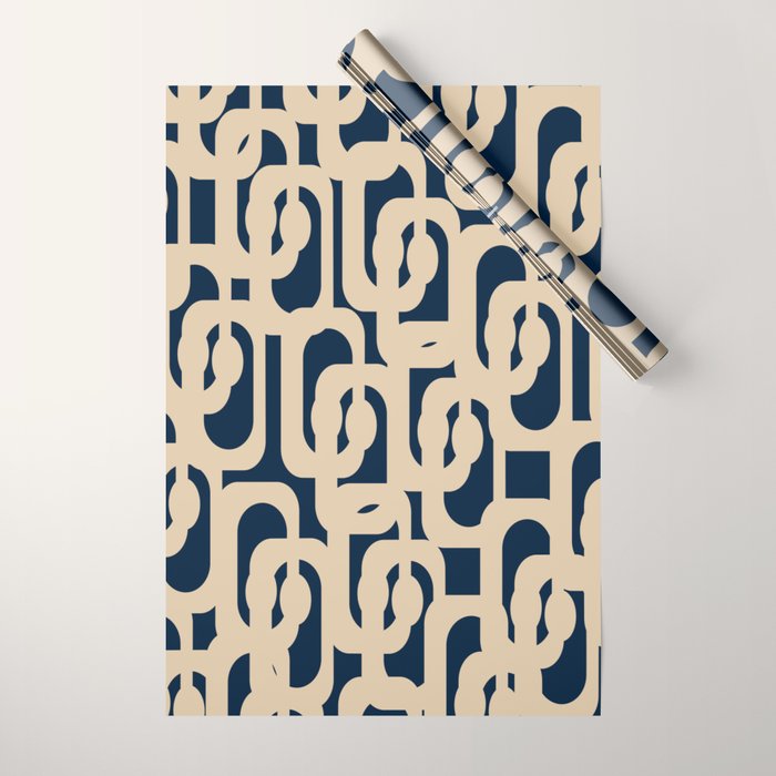 Mid Century Modern Loop Pattern in Beige and Navy Blue Wrapping Paper Gallery Image 1