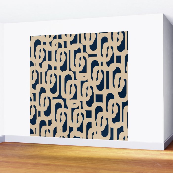 Mid Century Modern Loop Pattern in Beige and Navy Blue Wall Mural Gallery Image 2