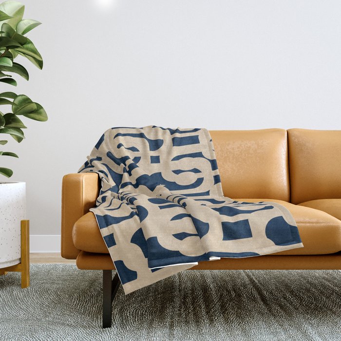 Mid Century Modern Loop Pattern in Beige and Navy Blue Throw Blanket Gallery Image 1
