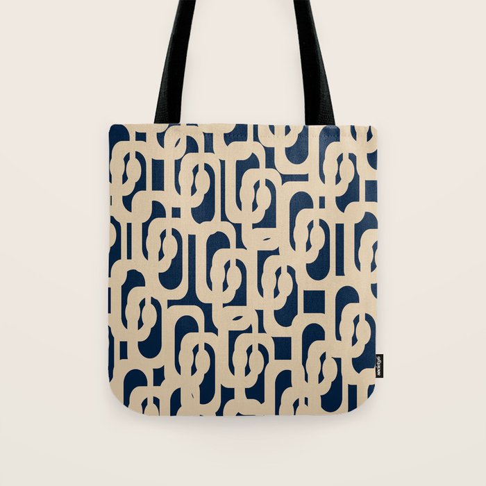 Mid Century Modern Loop Pattern in Beige and Navy Blue Tote Bag Gallery Image 1