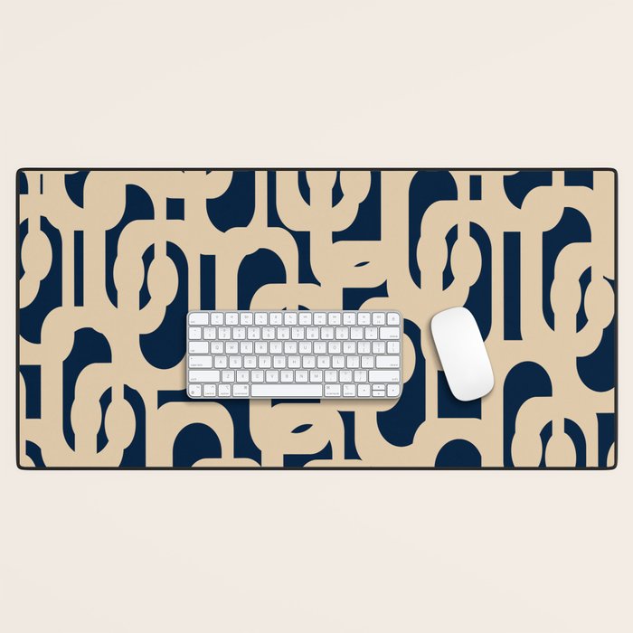 Mid Century Modern Loop Pattern in Beige and Navy Blue Desk Mat Gallery Image 1