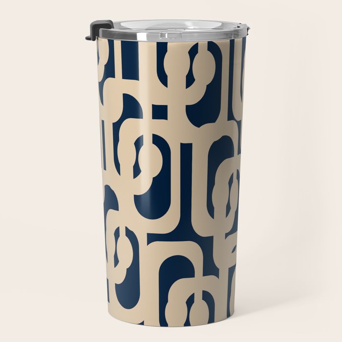 Mid Century Modern Loop Pattern in Beige and Navy Blue Travel Mug Gallery Image 3