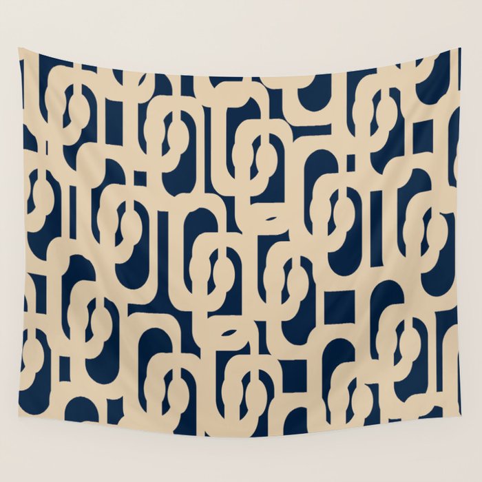 Mid Century Modern Loop Pattern in Beige and Navy Blue Wall Tapestry Gallery Image 4