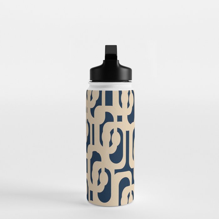 Mid Century Modern Loop Pattern in Beige and Navy Blue Water Bottle Gallery Image 3