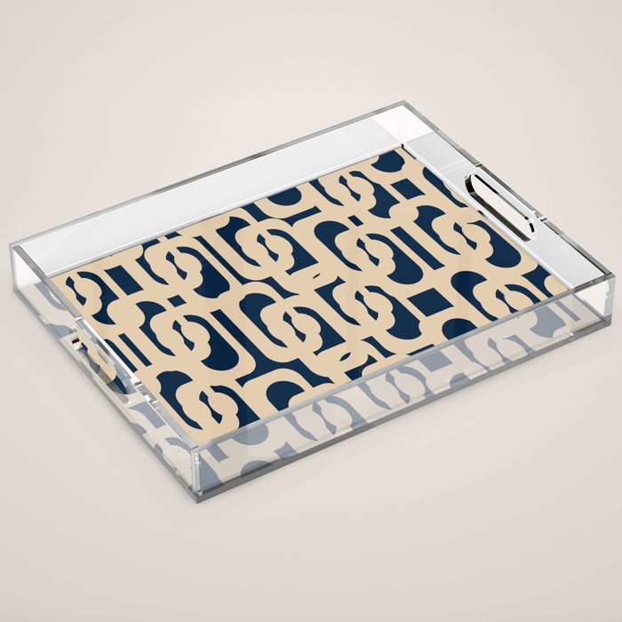 Mid Century Modern Loop Pattern in Beige and Navy Blue Acrylic Tray Gallery Image 1