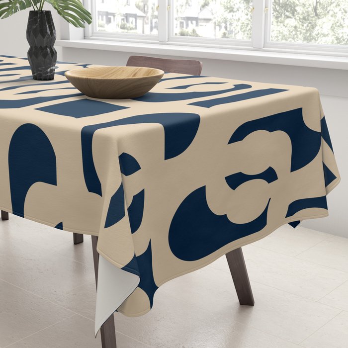 Mid Century Modern Loop Pattern in Beige and Navy Blue Tablecloth Gallery Image 3