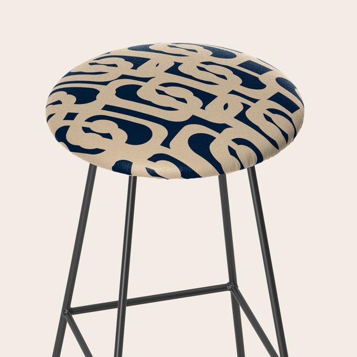 Mid Century Modern Loop Pattern in Beige and Navy Blue Stool Gallery Image 2