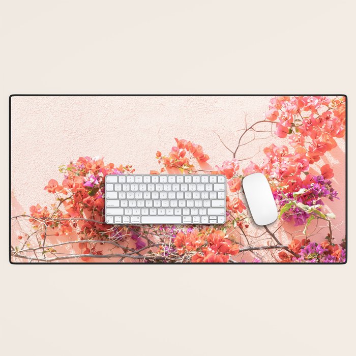 Bougainvillea Flowers in Color | Pink Wall in Cascais Art Print | Floral Travel Photography in Portugal Desk Mat Gallery Image 1