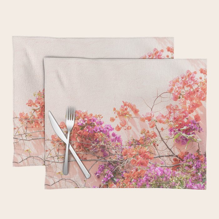Bougainvillea Flowers in Color | Pink Wall in Cascais Art Print | Floral Travel Photography in Portugal Placemat Gallery Image 1