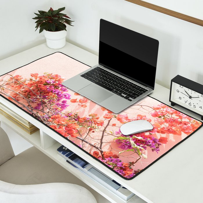 Bougainvillea Flowers in Color | Pink Wall in Cascais Art Print | Floral Travel Photography in Portugal Desk Mat Gallery Image 2