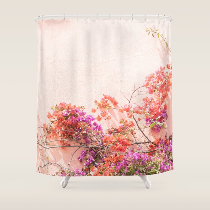Bougainvillea Flowers in Color | Pink Wall in Cascais Art Print | Floral Travel Photography in Portugal Shower Curtain Gallery Image 1