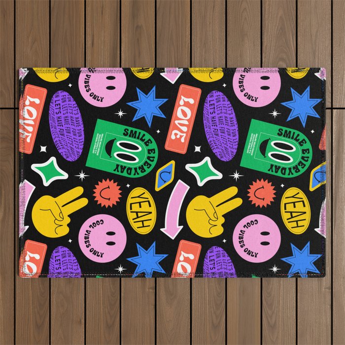 Retro cartoon sticker label pattern Outdoor Rug Gallery Image 1
