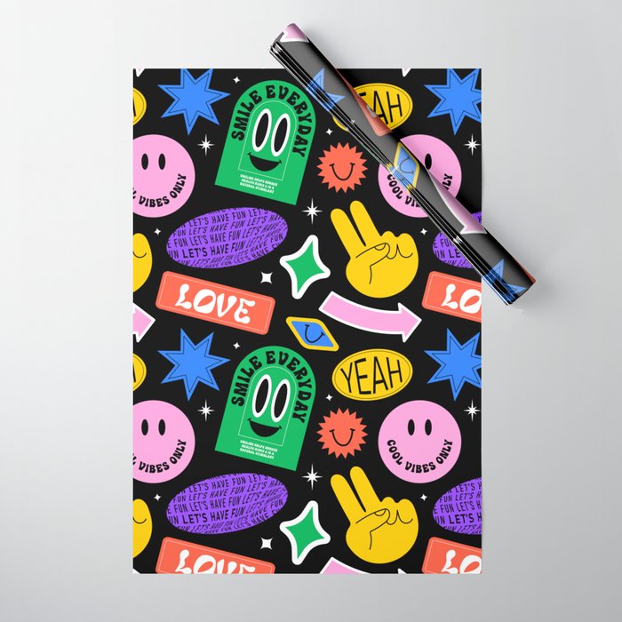 Retro cartoon sticker label pattern Wrapping Paper Gallery Image 1