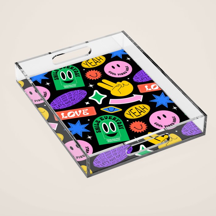 Retro cartoon sticker label pattern Acrylic Tray Gallery Image 1