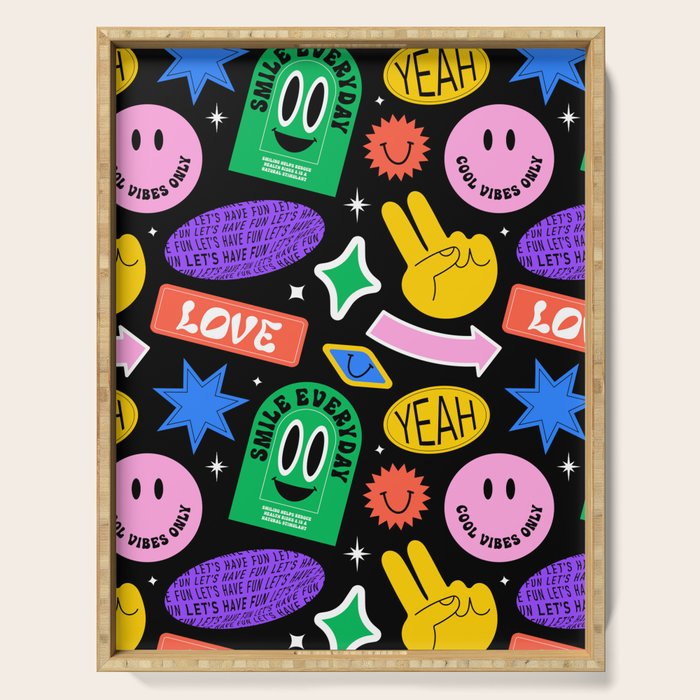Retro cartoon sticker label pattern Serving Tray Gallery Image 1