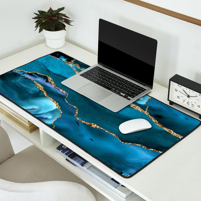 Abstract  Iceblue  And Gold Emerald Marble Landscape  Desk Mat Gallery Image 2