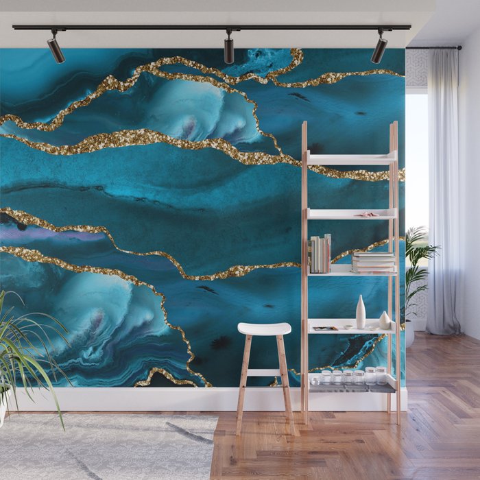 Abstract  Iceblue  And Gold Emerald Marble Landscape  Wall Mural Gallery Image 1