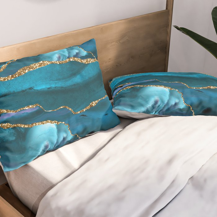 Abstract  Iceblue  And Gold Emerald Marble Landscape  Pillow Sham Gallery Image 2