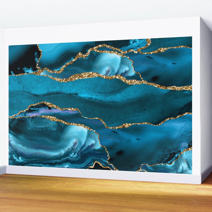 Abstract  Iceblue  And Gold Emerald Marble Landscape  Wall Mural Gallery Image 2