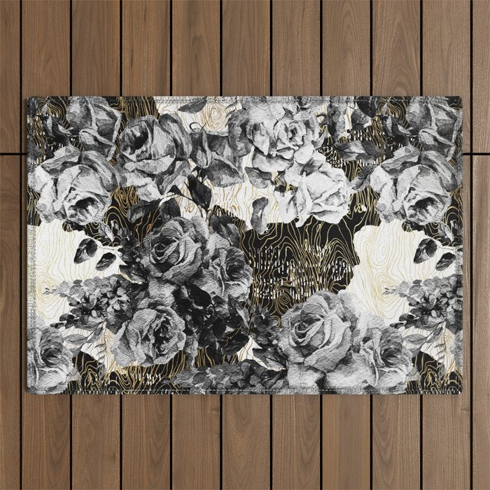 Dark abstract bloom over golden lines Outdoor Rug Gallery Image 1