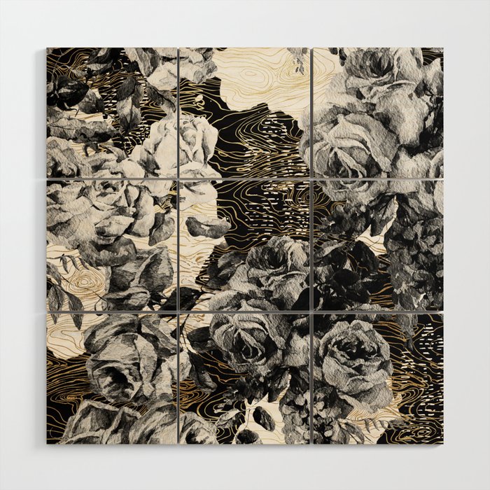 Dark abstract bloom over golden lines Wood Wall Art Gallery Image 1
