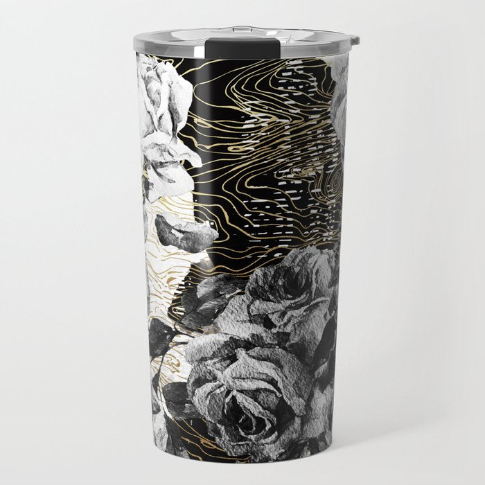 Dark abstract bloom over golden lines Travel Mug Gallery Image 1