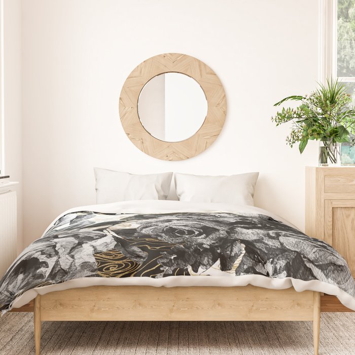 Dark abstract bloom over golden lines Duvet Cover Gallery Image 3