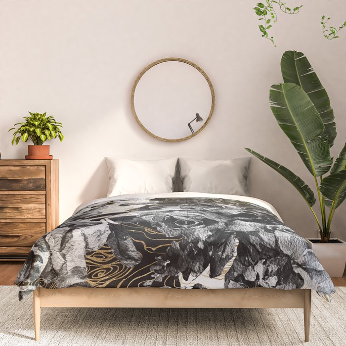 Dark abstract bloom over golden lines Comforter Gallery Image 3