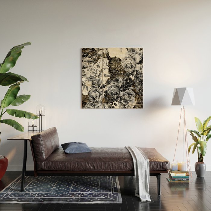 Dark abstract bloom over golden lines Wood Wall Art Gallery Image 2