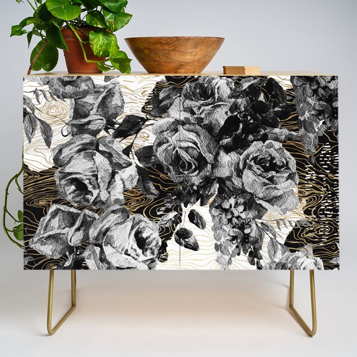 Dark abstract bloom over golden lines Credenza Gallery Image 1