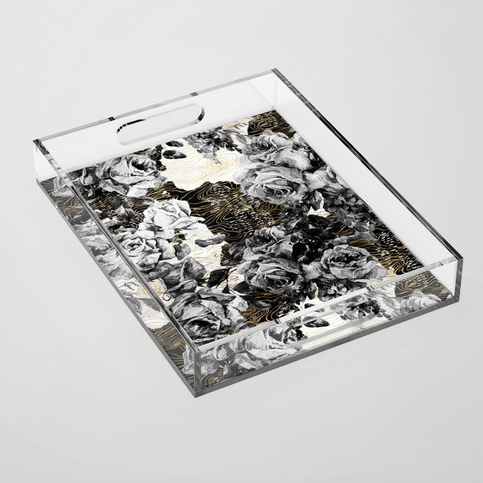 Dark abstract bloom over golden lines Acrylic Tray Gallery Image 1