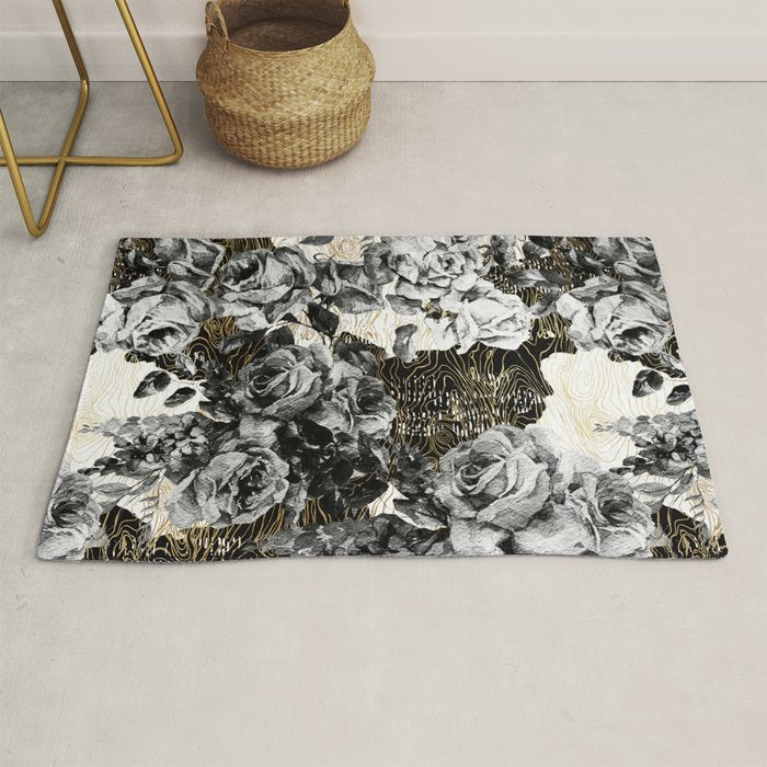 Dark abstract bloom over golden lines Rug Gallery Image 1