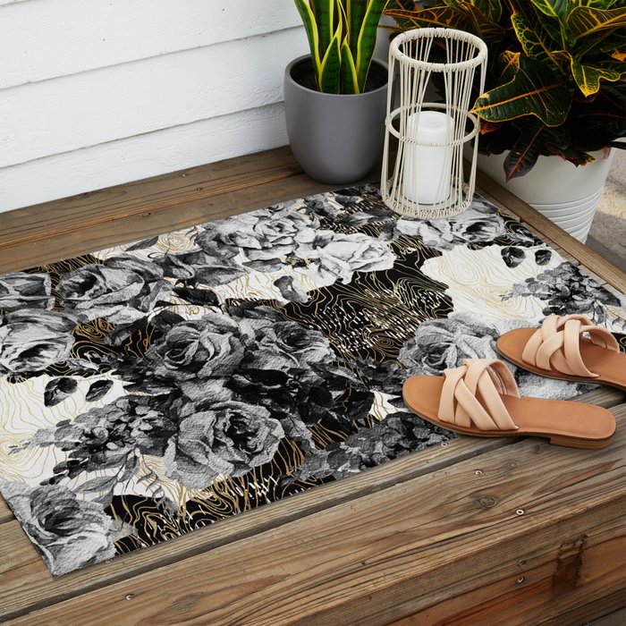 Dark abstract bloom over golden lines Outdoor Rug Gallery Image 2
