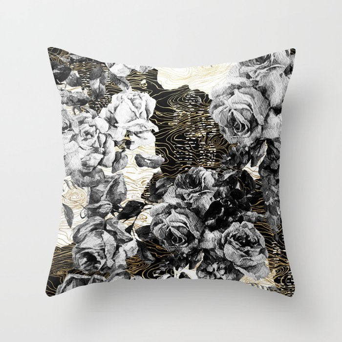 Dark abstract bloom over golden lines Throw Pillow Gallery Image 1