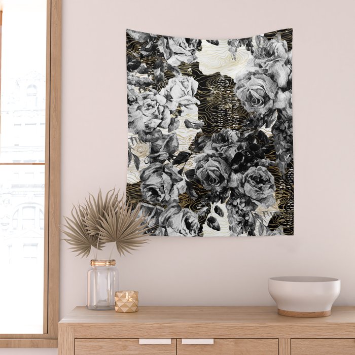 Dark abstract bloom over golden lines Wall Tapestry Gallery Image 2