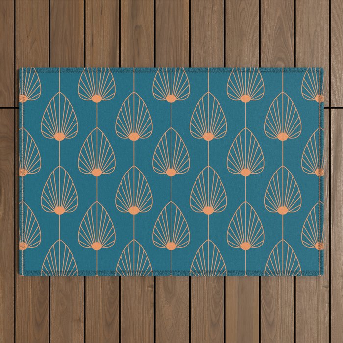 Vintage Copper & Turquoise Art Deco Floral Outdoor Rug Gallery Image 1
