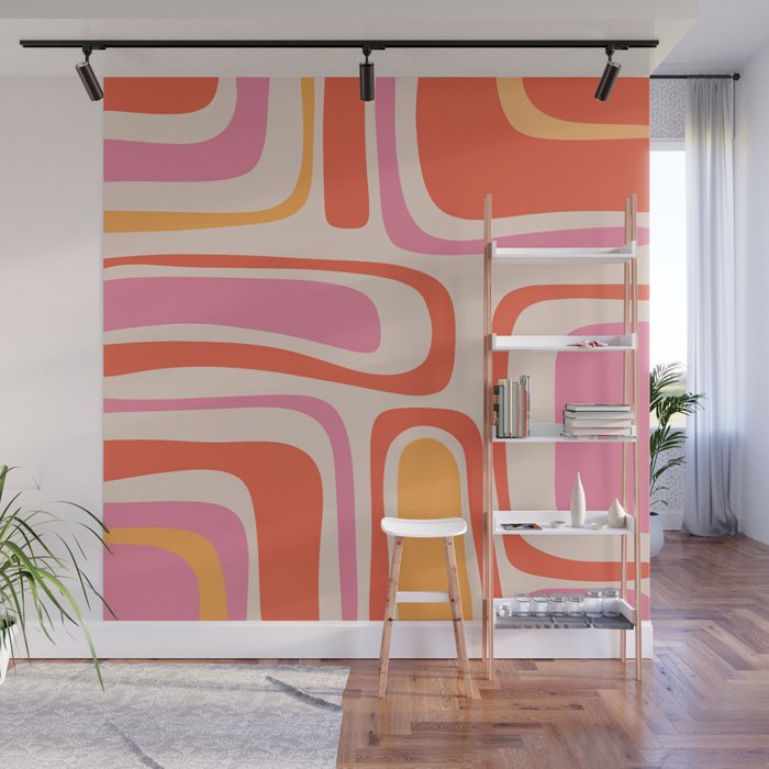 Palm Springs Retro Mid-Century Modern Abstract Minimalist Pattern Pink Orange Wall Mural Gallery Image 1