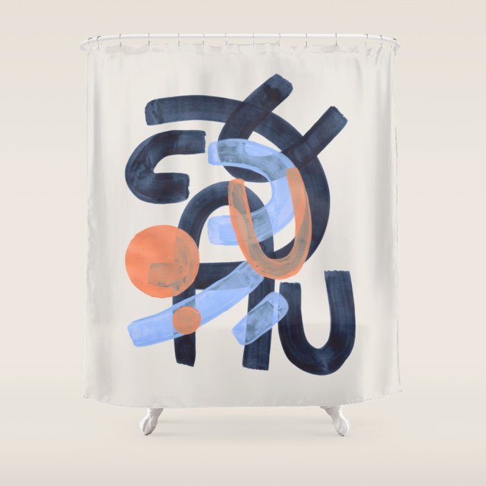 Midcentury Modern Minimalist Funky Cool Tribal Pattern Paynes Grey Pastel Blue Tan Shapes by Ejaaz Haniff Shower Curtain